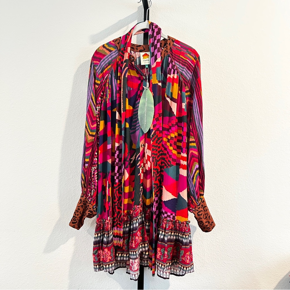 FARM Rio Mixed Abstract Patches Mini Belt Dress Mix Print, Size XS, New with Tag